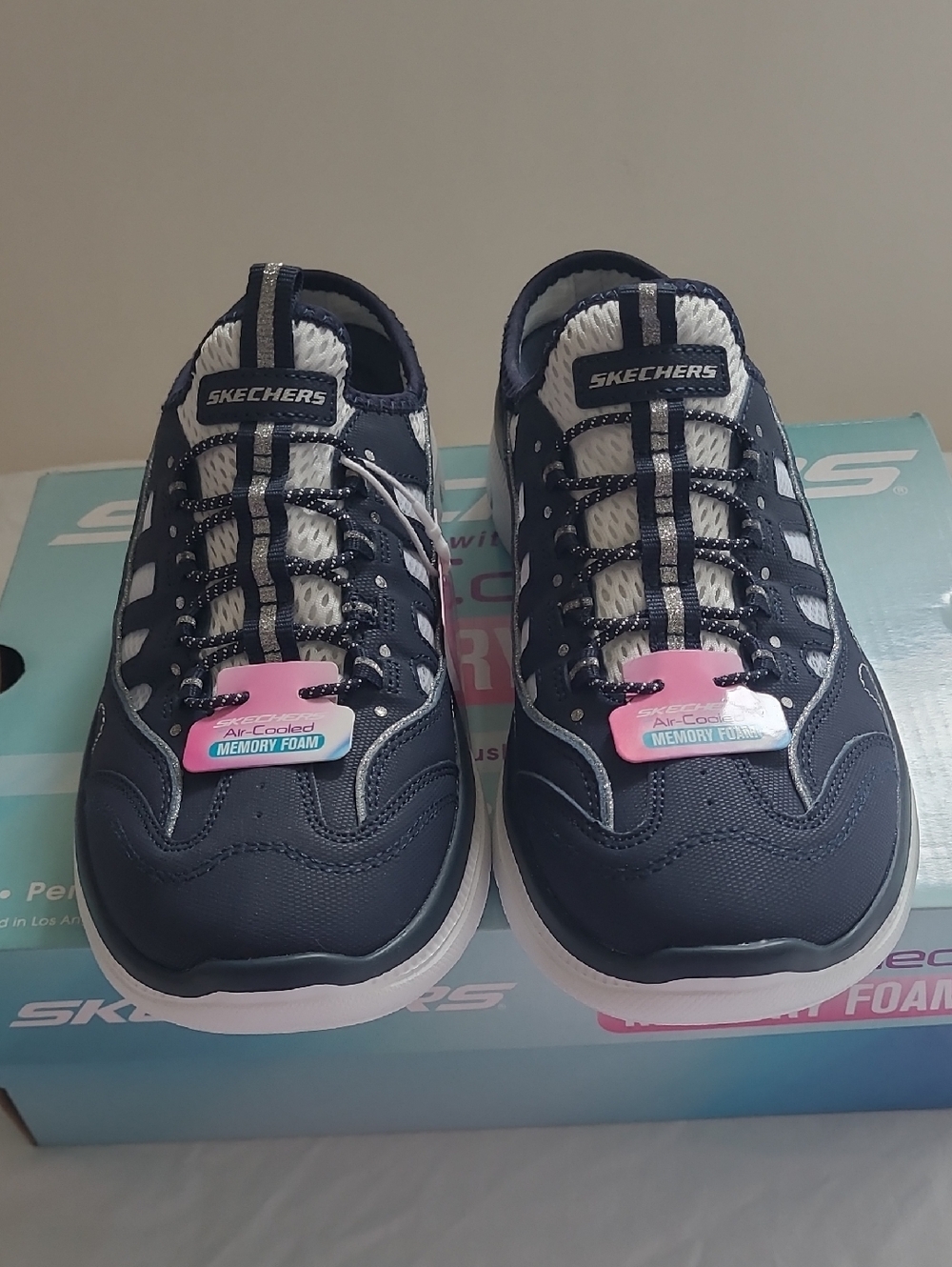 150617 Skechers Navy, White and Pink Athletic Memory Foam Sneakers